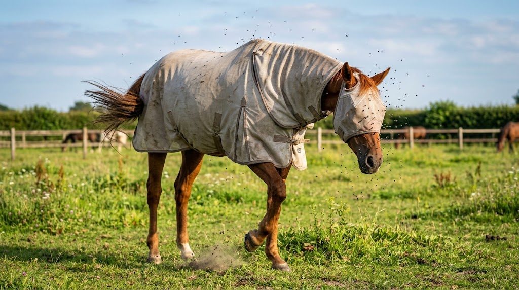 Paard met vliegendeken en vliegenmasker stampt in de wei, omringd door vliegen